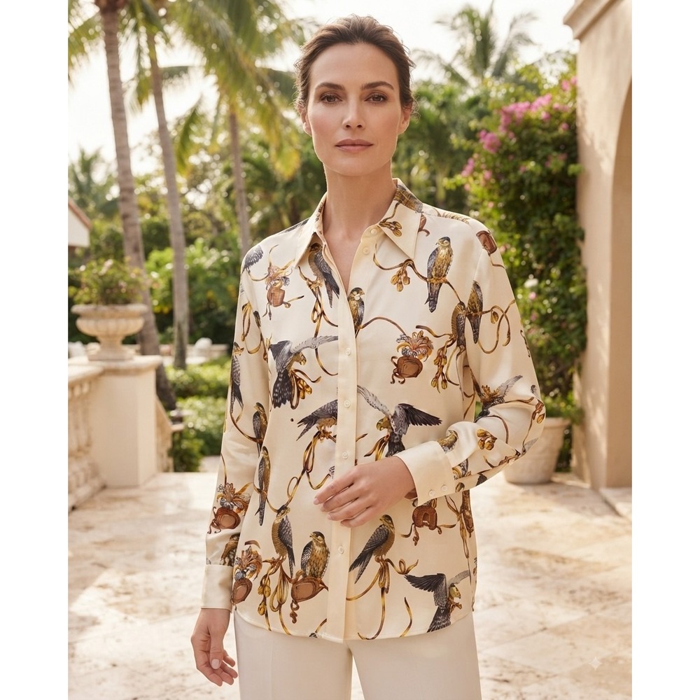 Escada Margaretha Ley Vintage Silk Falcon Print Blouse Cream Gold Bird Shirt 38